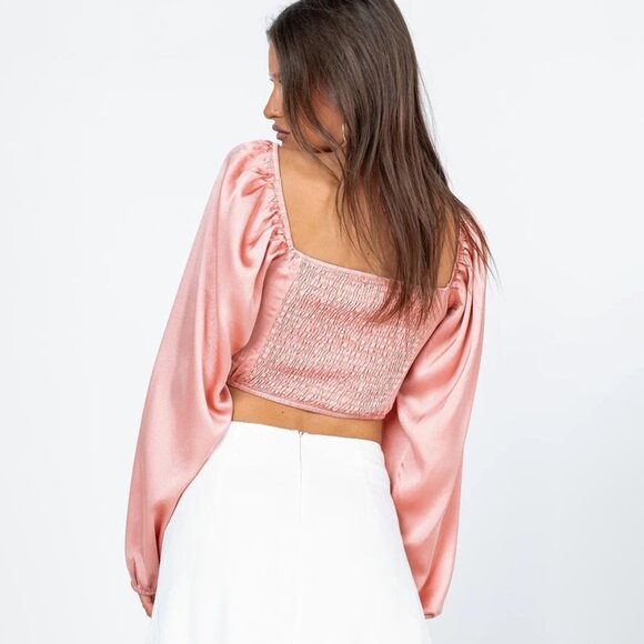Princess Polly Pink Satin Long Sleeve Crop Top with Bell Sleeves Estee - Picture 6 of 16
